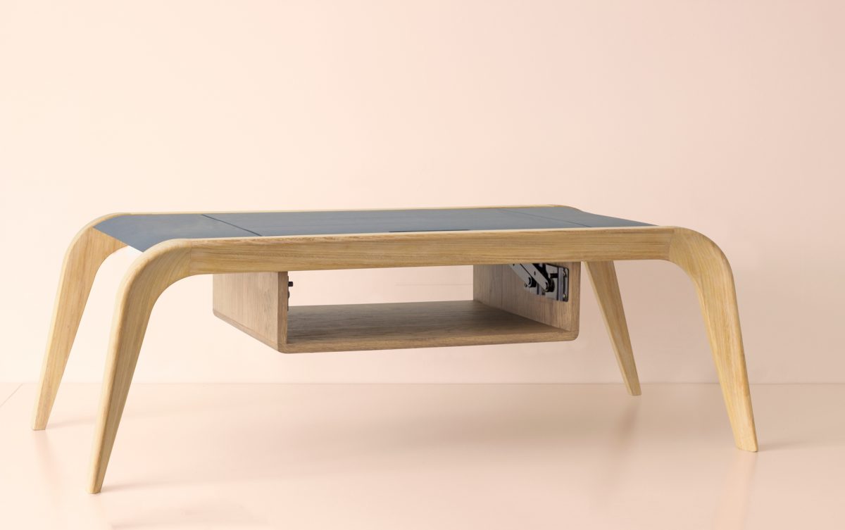 Luxury coffee table with curved natural oak legs and dark extendable tabletop