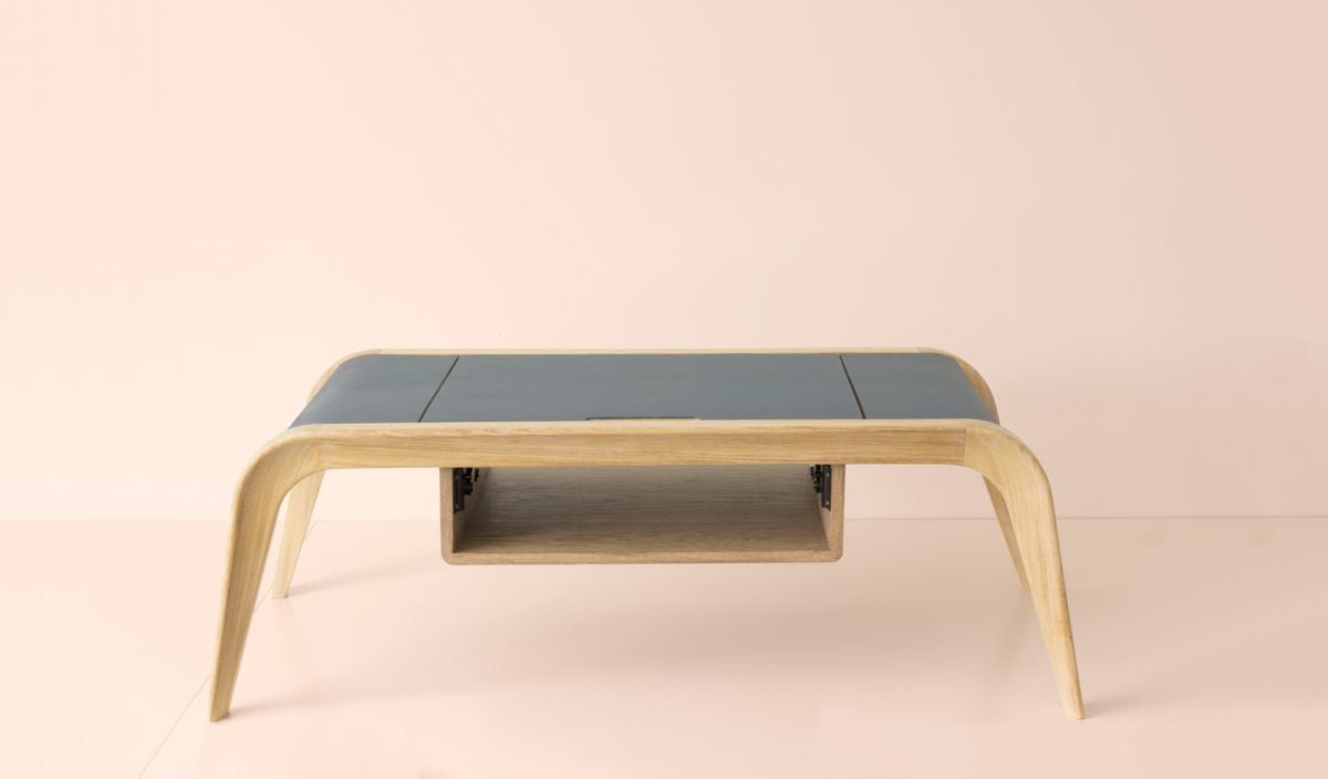 Front profile of modern oak wood coffee table with elegant rounded legs