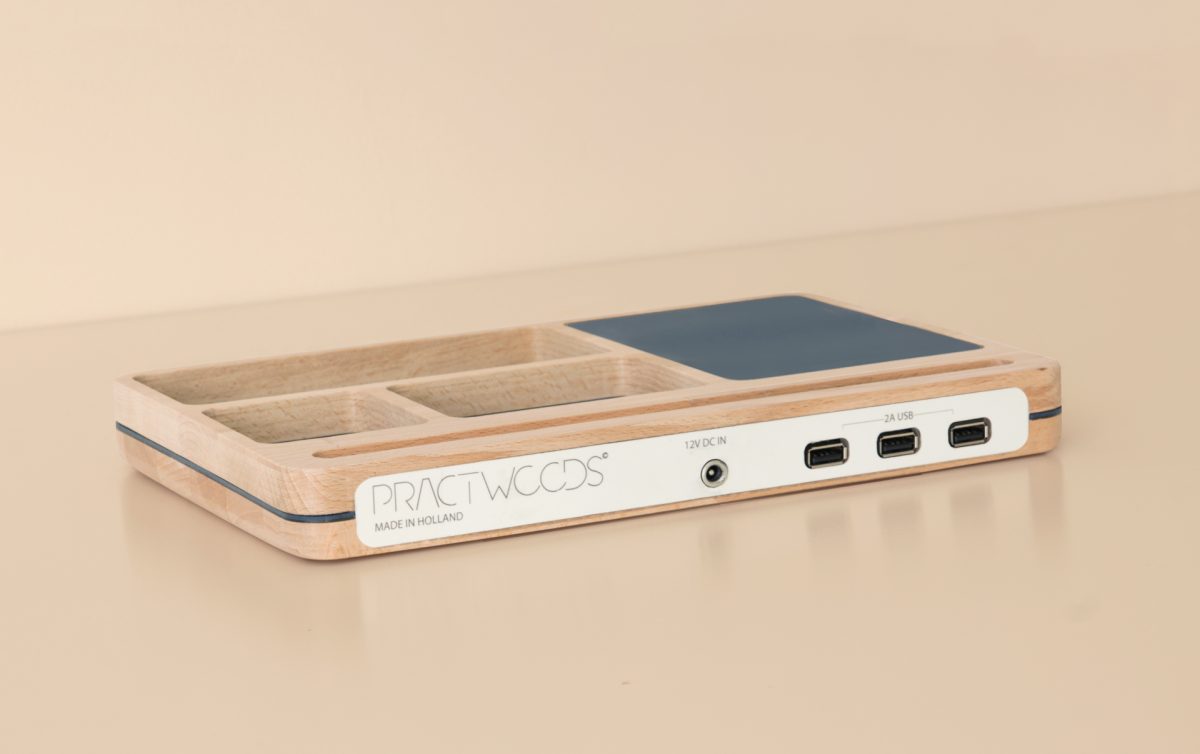 Rear view of the desk organiser showing USB ports and power input with Practwoods branding